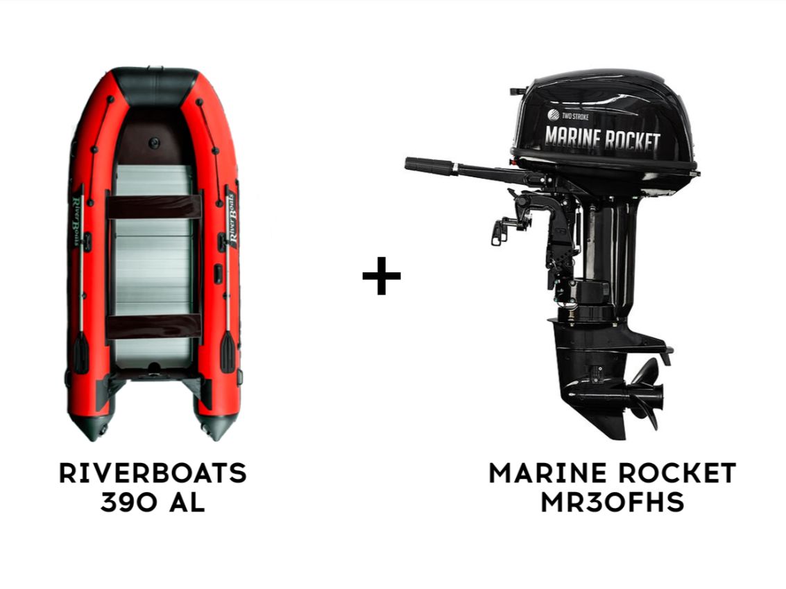 Лодка ПВХ RIVERBOATS 390 AL + 2х-тактный лодочный мотор MARINE ROCKET MR30FHS в Новосибирске